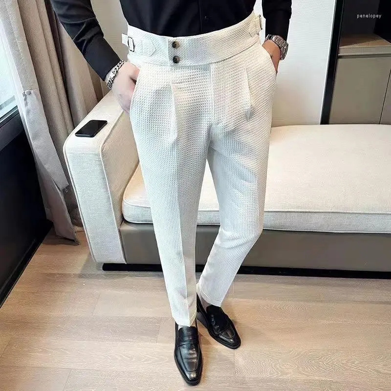 Męskie spodnie moda Slim Fit Waffle Pencil Men Neapol Suit Pant High Taist Button Busines