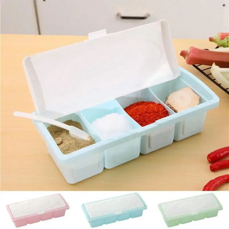 Storage Bottles Plastic 4 Grids Seasoning Box With Spoon Dustproof Spice Jar Lid Pink/Blue/Green Condiment Container Salt