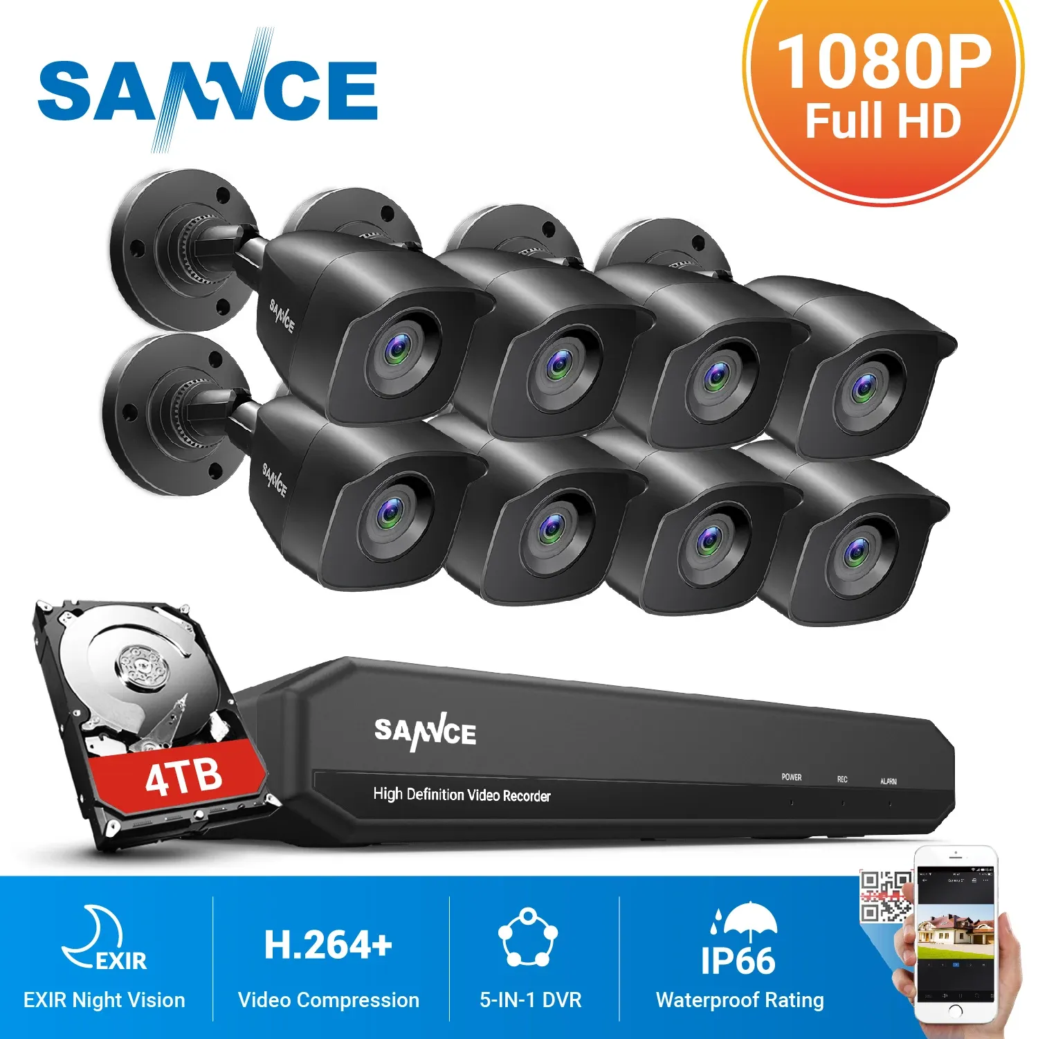 Sistema Sannce 8CH 1080N DVR Sistema CCTV 4/8pcs 1080p 2,0MP Câmeras de segurança IR IR Outdoor IP66