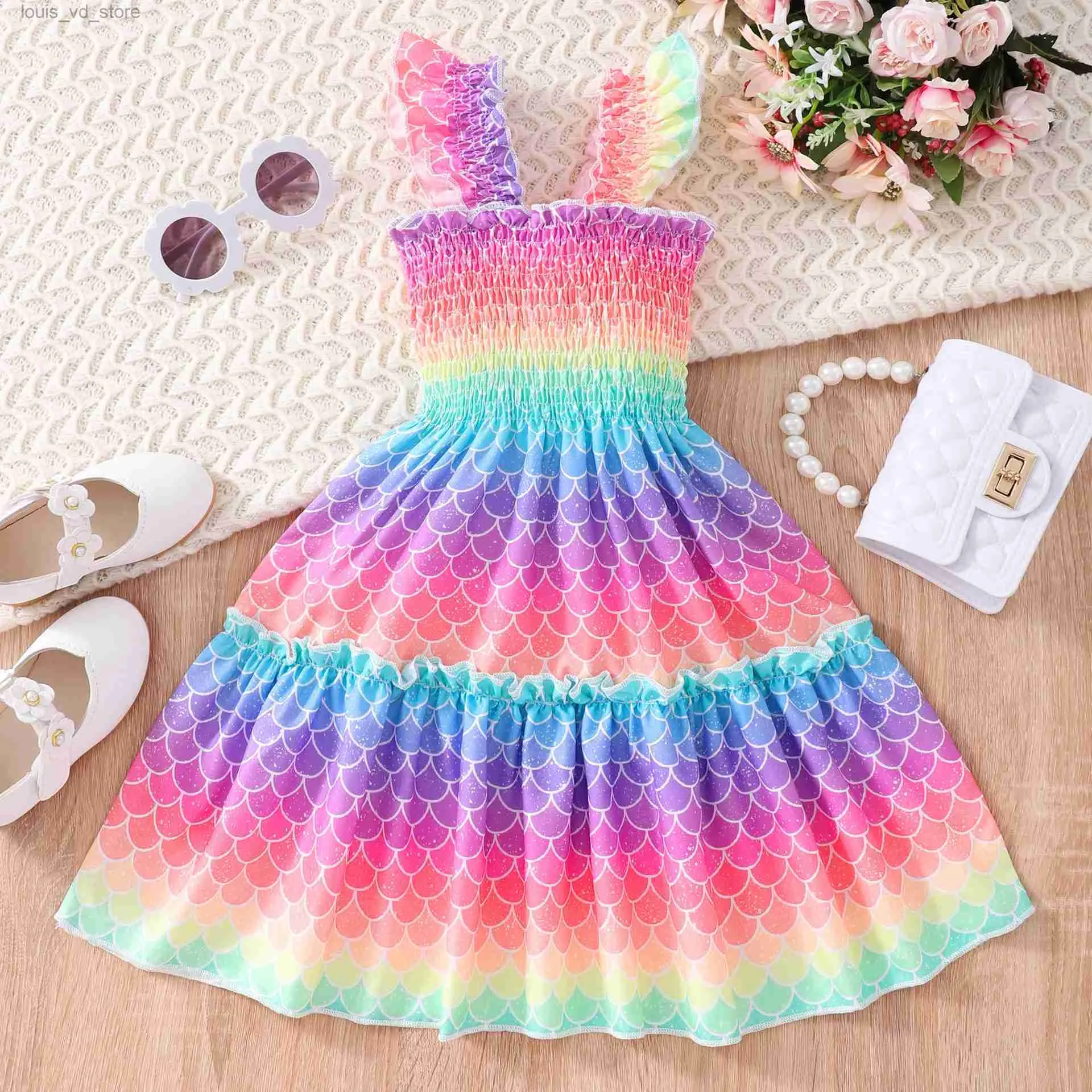 Girl's Dresses Summer Dress Girls Cartoon Animal Mermaid Butterfly Rainbow Flying Sleeve Kids Dresses Cotton Ruffles Toddler Girl Clothes 1-7Y T240415