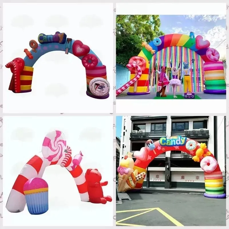 7m de largeur des enfants arc-en-ciel attrayant thème bckdrop arc de bonbons gonflables avec des glands colorés de ballon d'arc de sucre de sucre doux pour la décoration de la fête