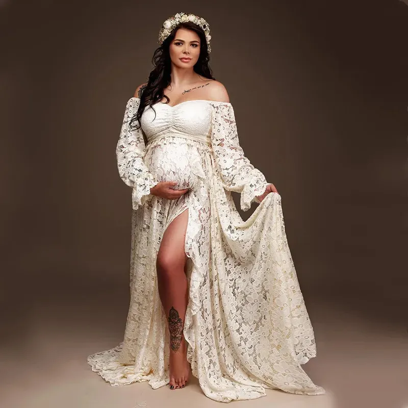 Boho Lace Maternity PO Shoot Long Dress Matenity Pograpy Tengit sets 2 en 1 Grossesse Robes for Pographie 240408