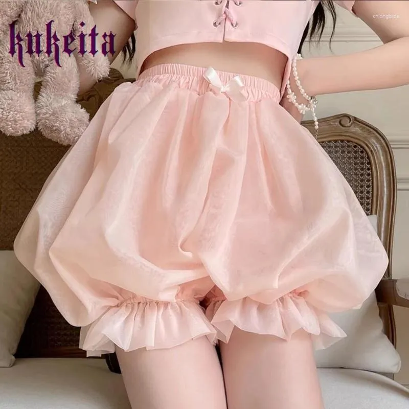 Women's Shorts Kukeita Kawaii Cute Lolita Safety Short Pant Women Sweet Japanese Fluffy Jk Bloomers Harajuku Solid Color Ruffles Pumpkin