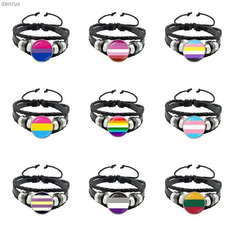 Autres bracelets LGBT Black Weave Leather Bracelet Bi Pride Glass Cabochon Gay Pride Rainbow Flag PHOTO PHOTO MIELRES DE MENS