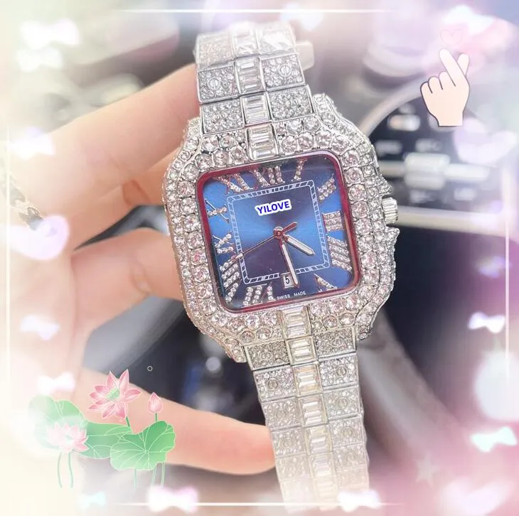 Carré Roman Tank Dial Men Watch Luxury Président Lady Full Diamonds Anneau horloge brillante Starry Japan Quartz Mouvement Chaîne Bracelet Montre Cadeaux