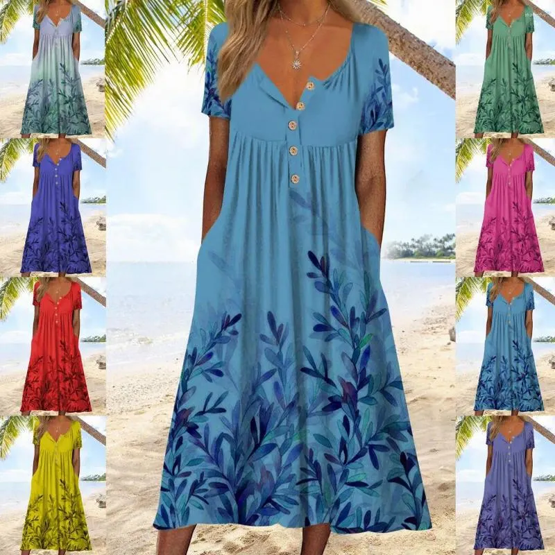 Sukienki codzienne 2024 Spring Floral Crewneck SHIFT SUKIENKA Kobiety z krótkim rękawem Mid Calf Single Single Neck na letnią plażę