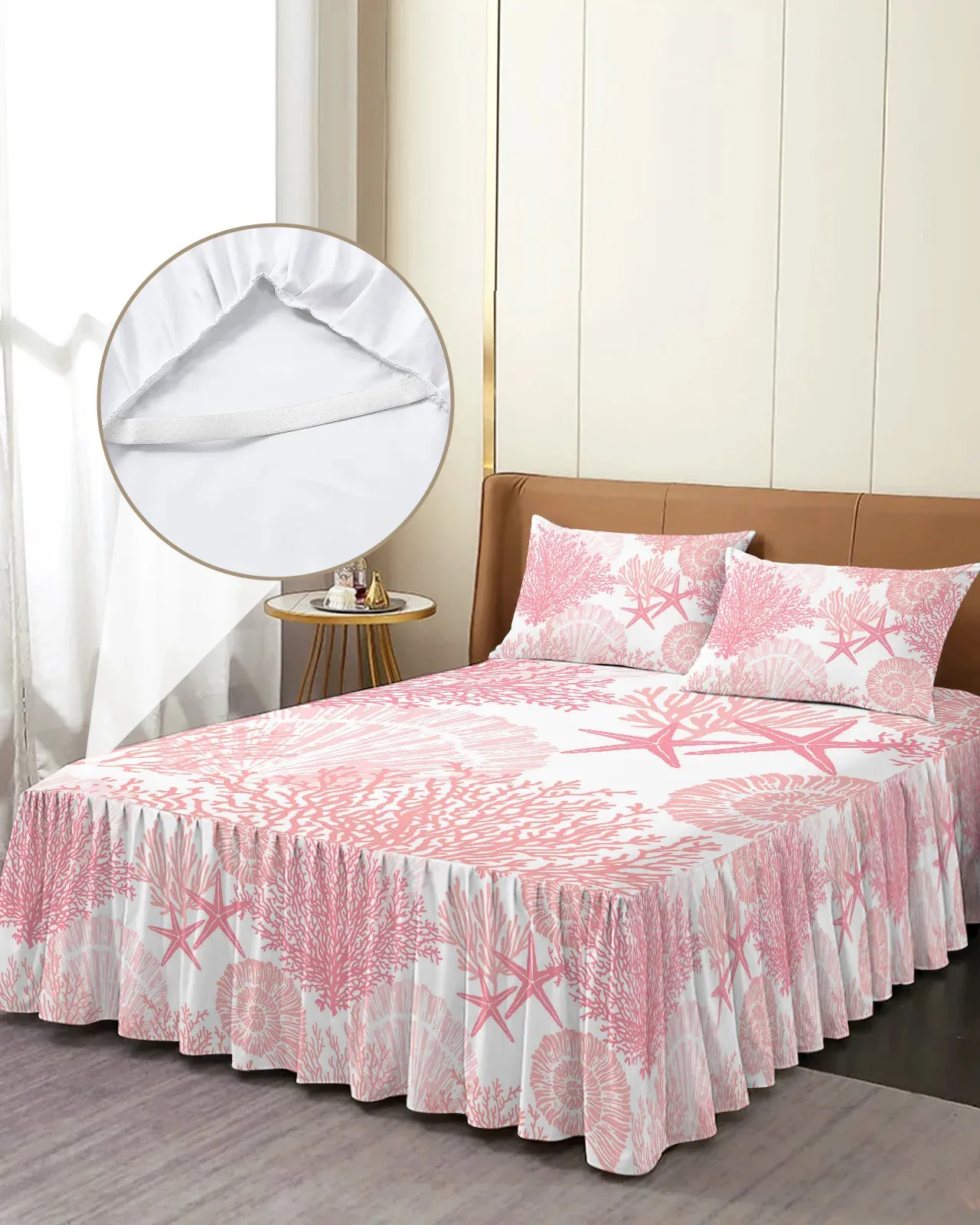 Roze oceaan koraal shell -zeester in abstracte bed rok gemonteerd sprei met kussenslopen matras dekbed beddengoed set set set set 240415