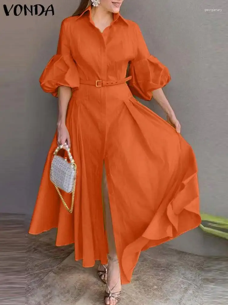 Abiti casual Vonda Women Bohémien Maxi Dress Abito elegante Sleeve Big Swing Shirt Sundazione da sole 2024 Colore solido
