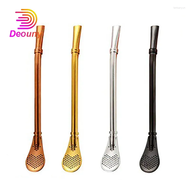 Dricker sugrör Deouny Yerba Mate Straw Drink Stirrers Gold-Plated Cocktail Tubes 304 Rostfritt stål Barfilter Dryck Mixing Spoon Tools