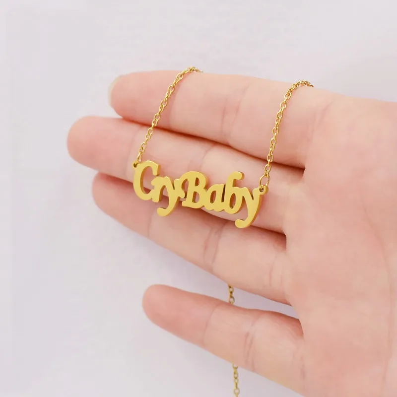 Cute Gothic Crybaby Letter Necklace Cry Baby Word Stainless Steel Cursive English Script Charm Chain Choker for Women Girl Child