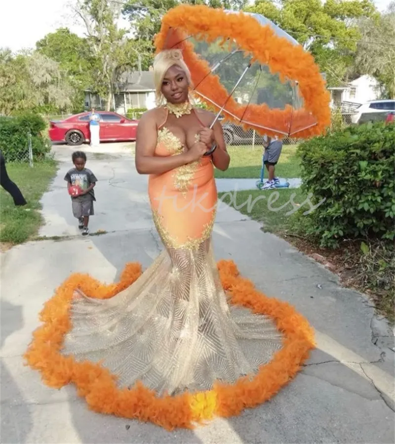 Orange Prom -klänningar för svarta kvinnor Luxury Feather Mermaid African Evening Gown Sequin Plus Size Formell klänningsapplikationer Spets ärmlös Se genom födelsedagsfest