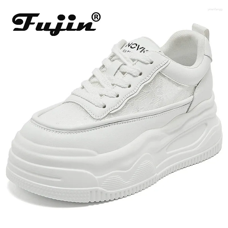 Casual Shoes Fujin 8.5cm Luftnät äkta läderplattform Kile High Brand Flats Summer Fashion Chunky Sneaker Hollow Comfy
