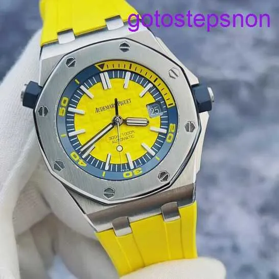 Reloj de pulsera AP causal Royal Oak Series 15710st Rare Lemon Yellow and Blue emparejado con Buceo Deep de 300 metros Precisión Acero Mecánico Reloj Mecánico