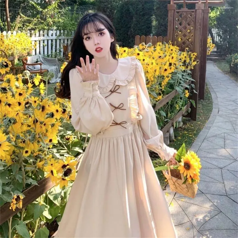 Korean Fashion Ruffled Patchwork Bow Korean party dress - Vintage Preppy Style with Long Sleeves and Elegant Cloth for Women - Perfect for Spring/
