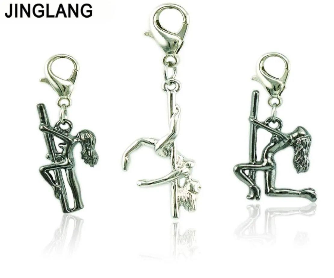 JINGLANG Charm With Lobster Clasp Dangle Retro Standing Pole Dancing Girls Pendants DIY Charms For Jewelry Making Accessories1808484