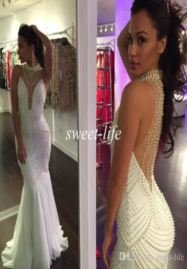Custom Made 2019 Plus Size Evening Dresses Mermaid Sexy White Pearls Backless Sheer Halter Celebrity Gowns Bridal Party Formal Pro2018541