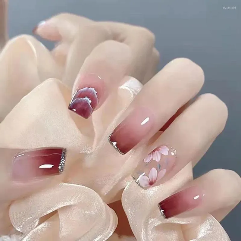 Valse nagels 24 -stks glanzende middelste vierkant druk op roze glitterstijl gradiënt kunstmatige manicure herbruikbare nep