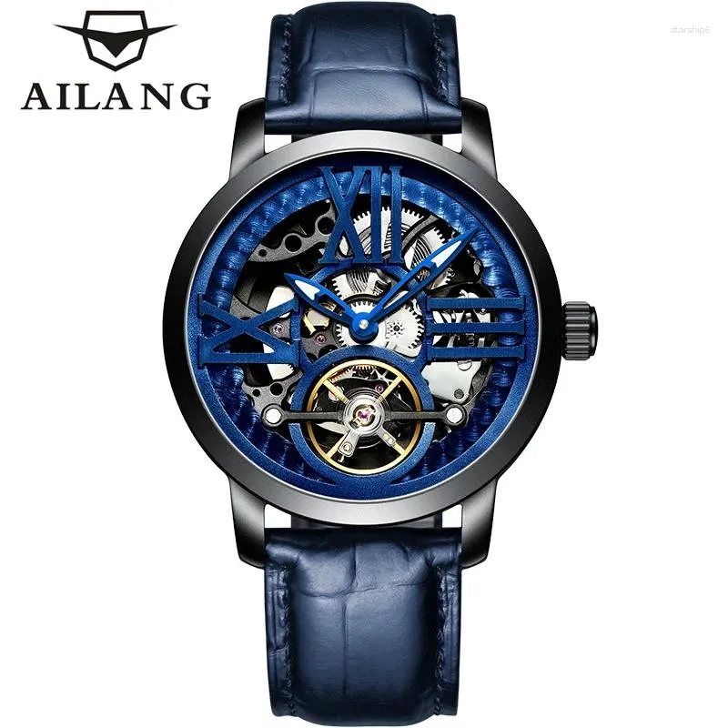 Armbandsur Ailang Tourbillon Mechanical Watch for Men mode Blue Leather Strap Waterproof Skeleton Watches Mens