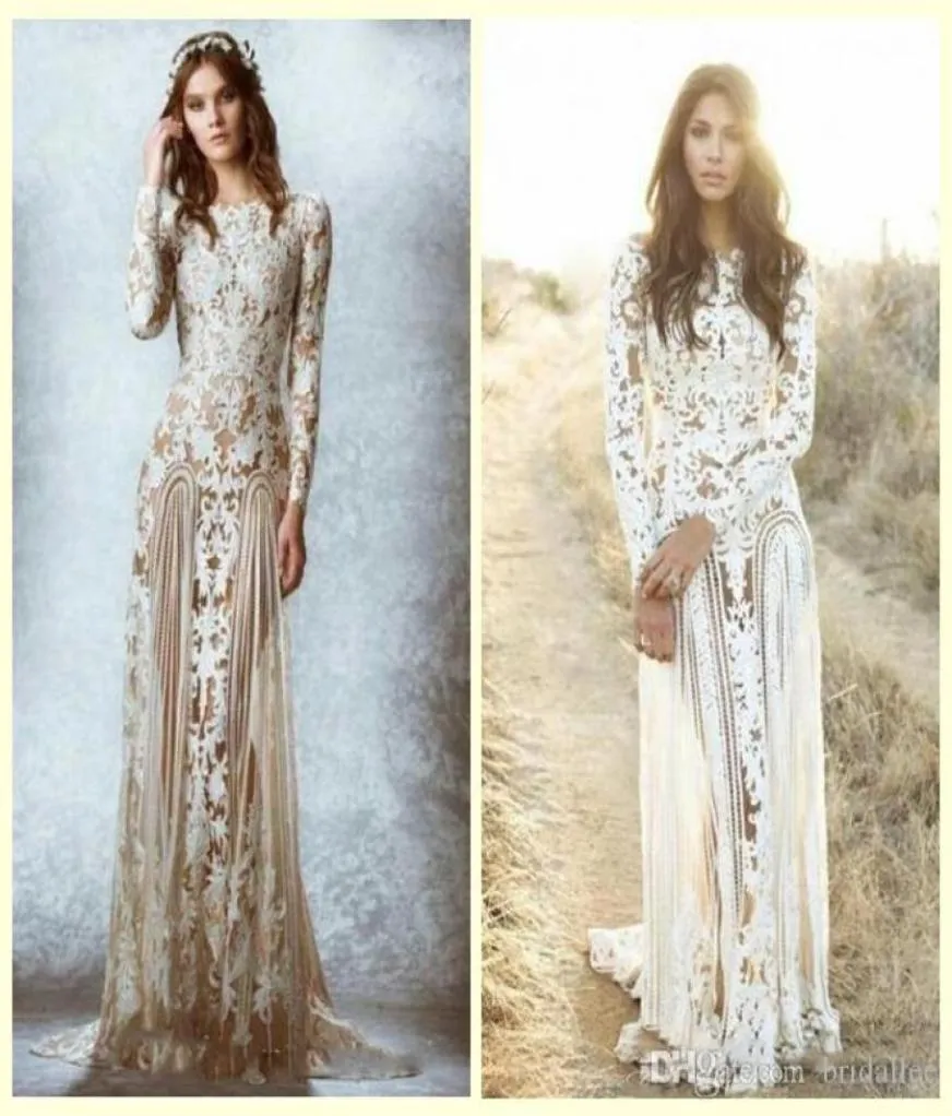 Zuhair Murad Lace Vintage Wedding Dresses Custom Made Long Sleeves Court Train Beach Country Bridal Gowns Crew Aline Stunning Lac5582585