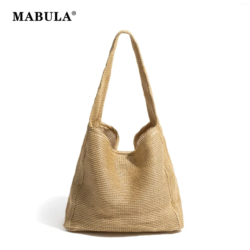 Drawstring MABULA Knitting Straw Beach Shoulder Purse For Woman Lightweight Vintage Vacation Summer Travel Hobo Bag Simple Casual Tote