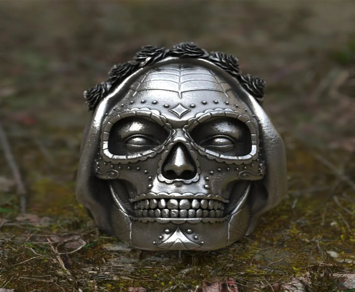 Goth Santa Muerte Ring Rose Crown Sugar Skull roestvrijstalen ringen dames punk Biker sieraden uniek cadeau2736762