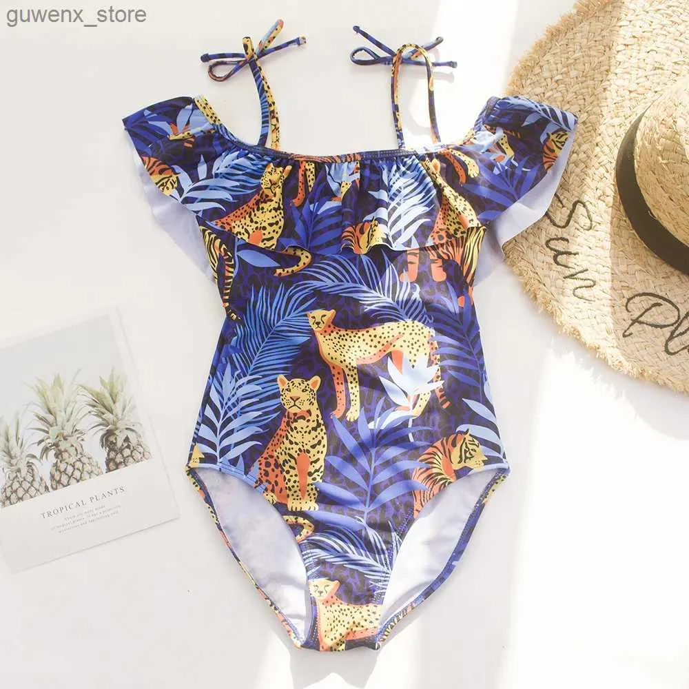 One-Pieces Cheetah Print Children Kids Girls One Piece Swimwear Teen Students Girls Summer Bandage Swimsuit 7-16 Years Kids Bathing Suit Y240412