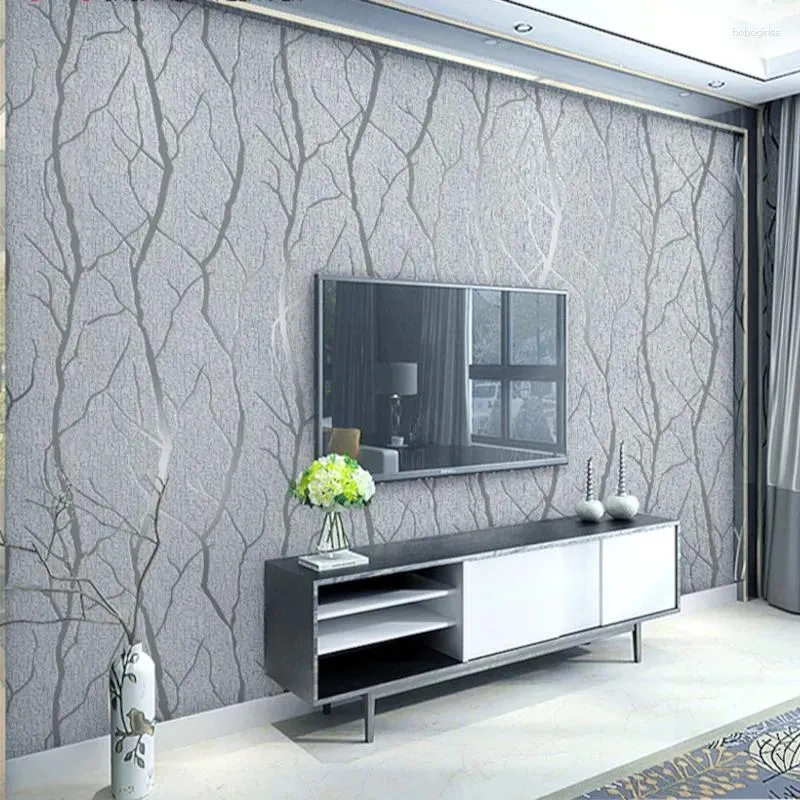 Wallpapers Thick Grey Velvet 3D Wallpaper For Bedroom Walls Living Room Background Flocked Tree Branches Embossed Wall Paper Home Decor