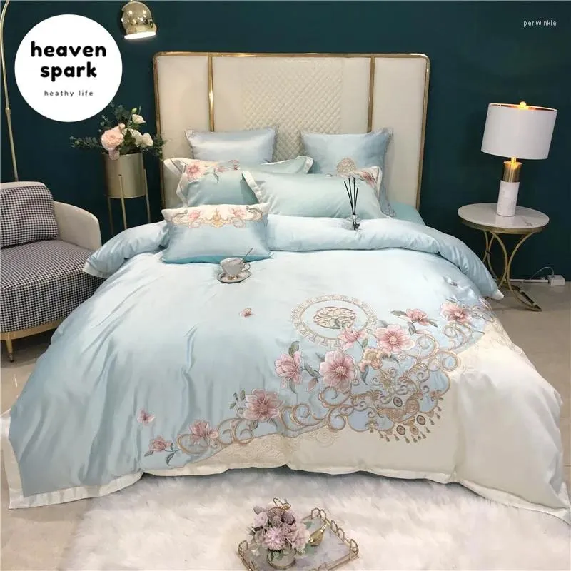 Zestawy pościeli Rabat Luksusowy egipski haft bawełniany Piękne kołdry okładki King Size Flower Blace Silk Bedset Nordica 2