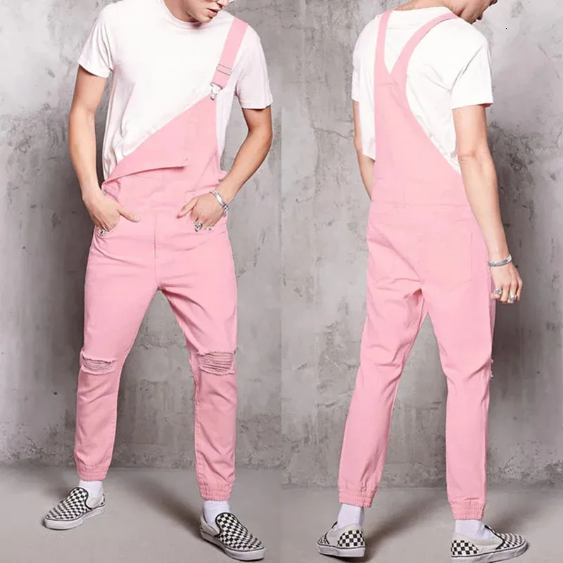 Rompers Mens Jumpsuit Fashion Cotton Casuary Male Denip Ripped Jeans Pants Pink Ovalings Condunto Masculinoサイズxxxl 240411