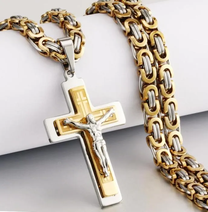 Religious Men Stainless Steel Crucifix Cross Pendant Necklace Heavy Byzantine Chain Necklaces Jesus Christ Holy Jewelry Gifts Q1127917225