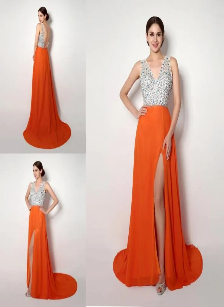 2018 i lager orange designer prom klänningar under 50 vneck aftonklänningar sida delade kristaller backless aftonklänningar lång fest för5136061