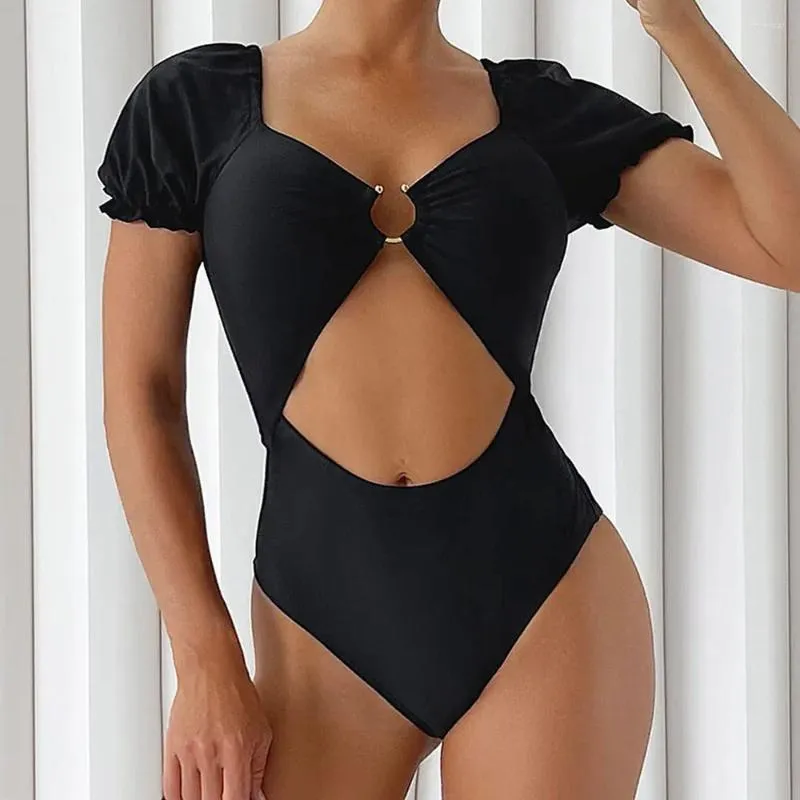 Dames badmode massief zwarte lotus blad mouw uit één stuk zwempak vrouwen sexy veter uit holle out 2024 meisje strand badpakken
