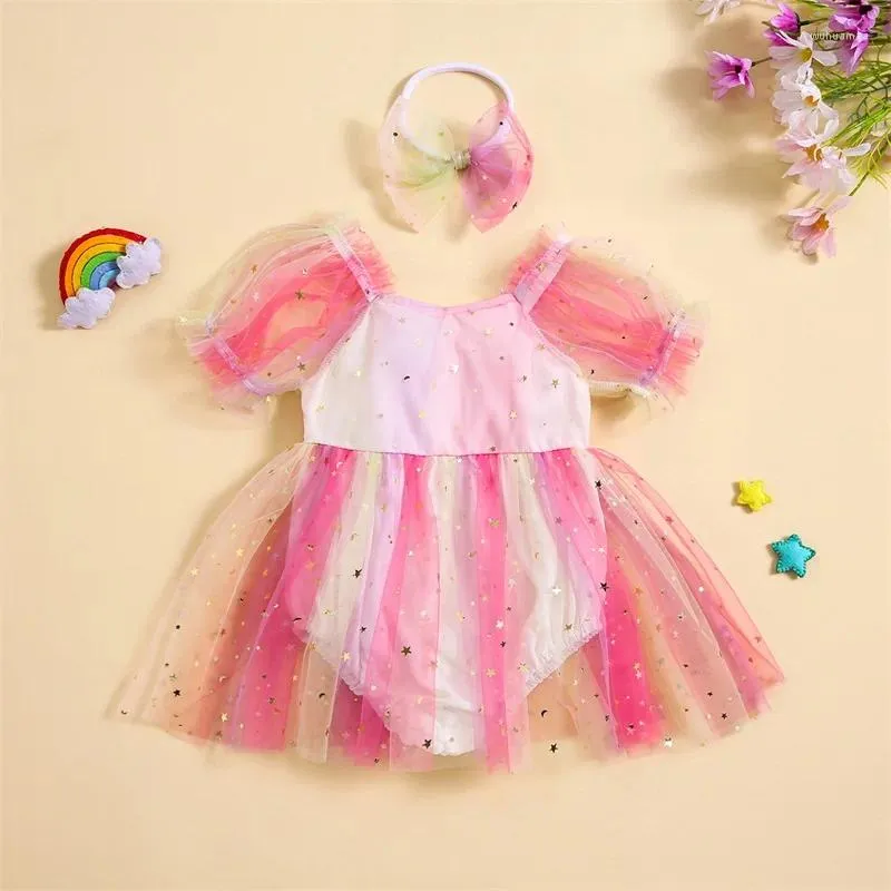 Flicka klänningar ewodos baby 2 st fall outfits kort puffhylsa kontrast färg romper tyll klänning med pannband set spädbarn kläder