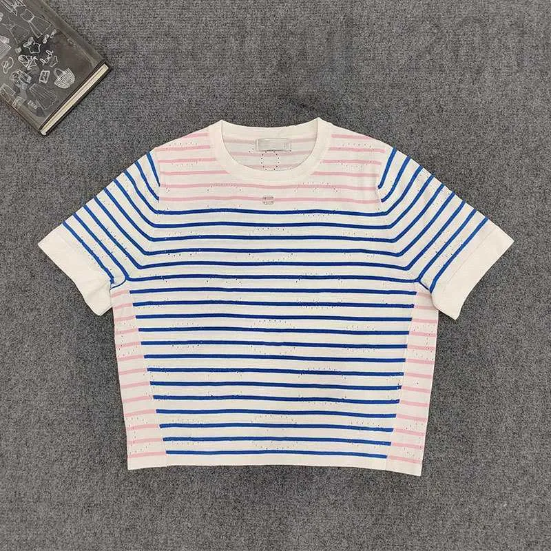 Women's T-Shirt designer Fuyimei High Luxury Xiaoxiangjia Pick Hole Splicing Striped Short Sleeve Combed Cotton Material, Showcasing Fashionable Atmosphere BZZ8