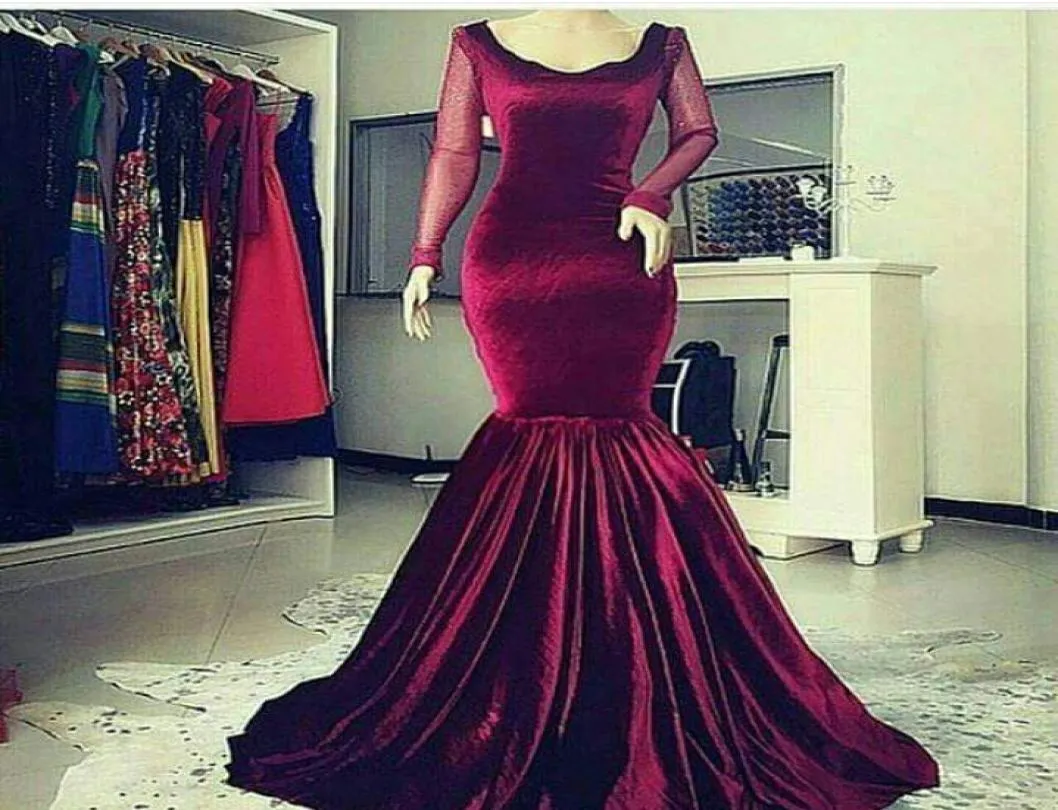 Elegant mörkröd sammet sjöjungfru aftonklänningar Mellanöstern Style Scoop Illusion Long Sleeves Formella klänningar4806281