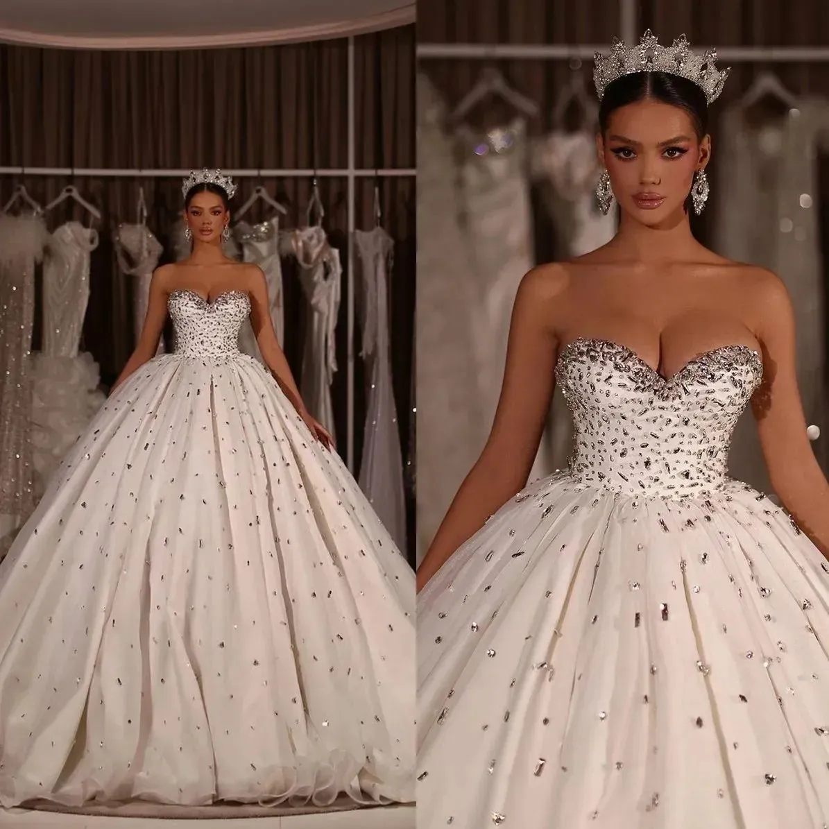 Sparkly Crystals Rhinestones bollklänning Bröllopsklänningar Dubai Saudiarabisk älskling plus storlek Brudklänningar Formella kyrkans puffy tyllprinsessan Vestidos yd