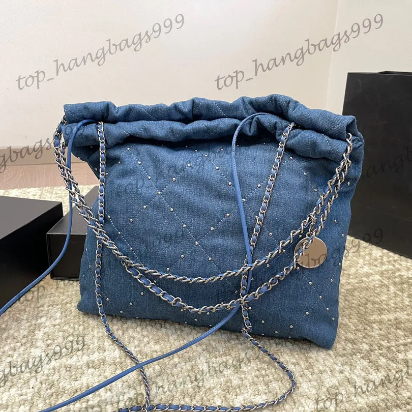 Women Luxury Blue Denim Coin Shopping Shoulder Bag Large Capacity Luggage With Silver Chain Round Strap Crossbody Handbags Rivet Diamond Lattice Quilted Purse 34CM