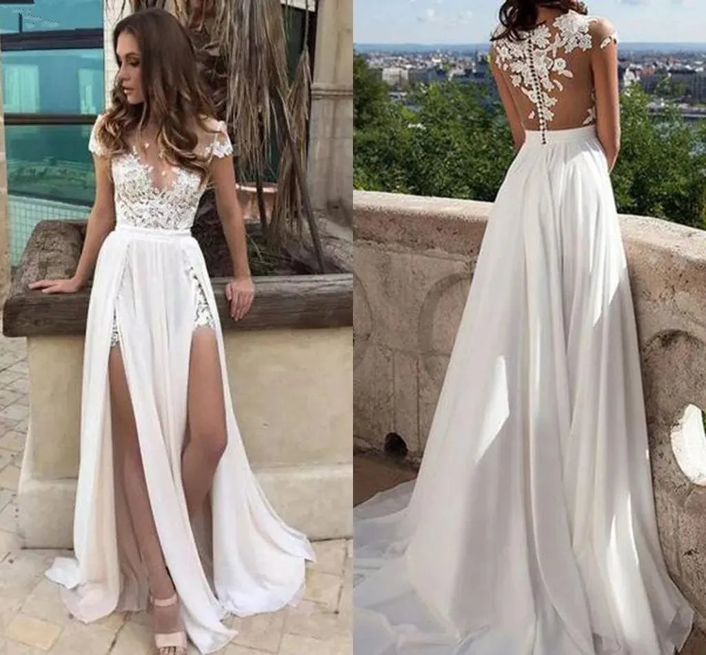 Boho Summer Beach eine Linie Hochzeitskleider schiere Nackenspitze applizierte fließende Chiffon -Brautkleider sexy hohe Split Simple Braut zweite Empfangsfeier yd