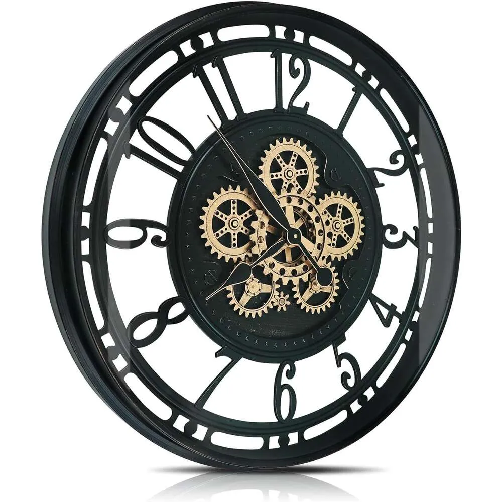 Real Moving Gears Wall Clock - Stor modern metallklocka för vardagsrumsdekor - Industrial Steampunk Vintage Rustic Clock för bondgård Heminredning