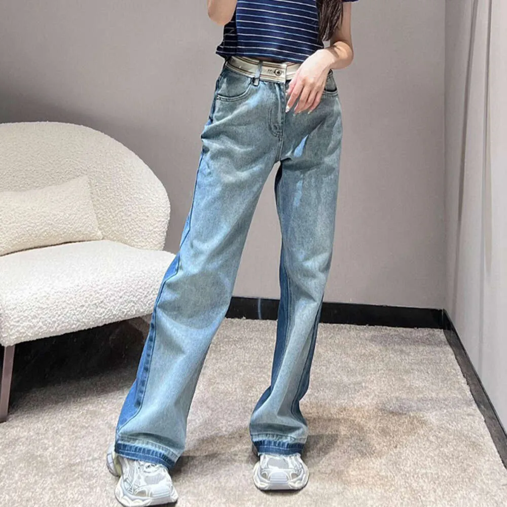 High Version m Spring/summer Miao Family Waist Letter Contrast Ribbon Design Wide Leg Jeans