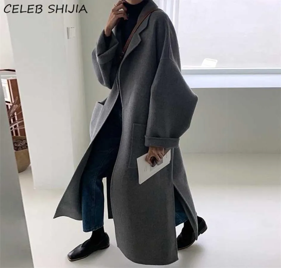 Chic Gray Woolen Long Coat Woman Autumn and Winter Turndown Neck Wool Jacka Korean Keep Warm Loose Blends Kläder Fall 2110221354315