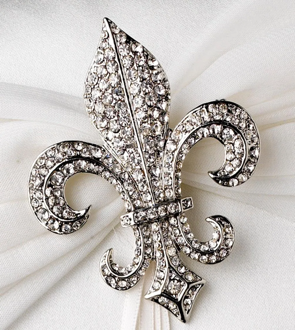 2 -calowy vintage srebrny przezroczysty rhinestone fleur de lis broszka S9648643