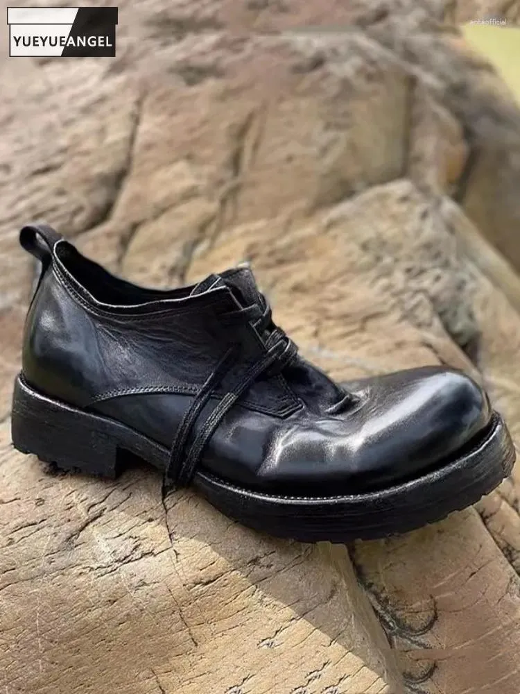 Dress Shoes Handmade Vintage Britse stijl Heren Haarden Echt lederen Derby Lace Up Round Toe Spring Office Men Black