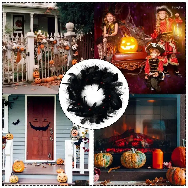 Fleurs décoratives Halloween Couronne de porte d'entrée Automne Black Peony Pumpkin Pumpkin Feather Waths for Farmhouse Festival Home Decoration Party