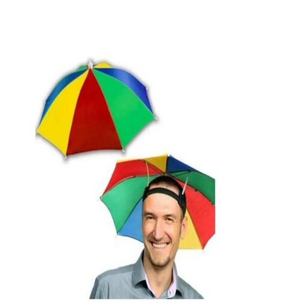 12quot Rainbow Umbrella Hat Portable umbrellas hat Folding elastic strap fishing umbrella cap2543605