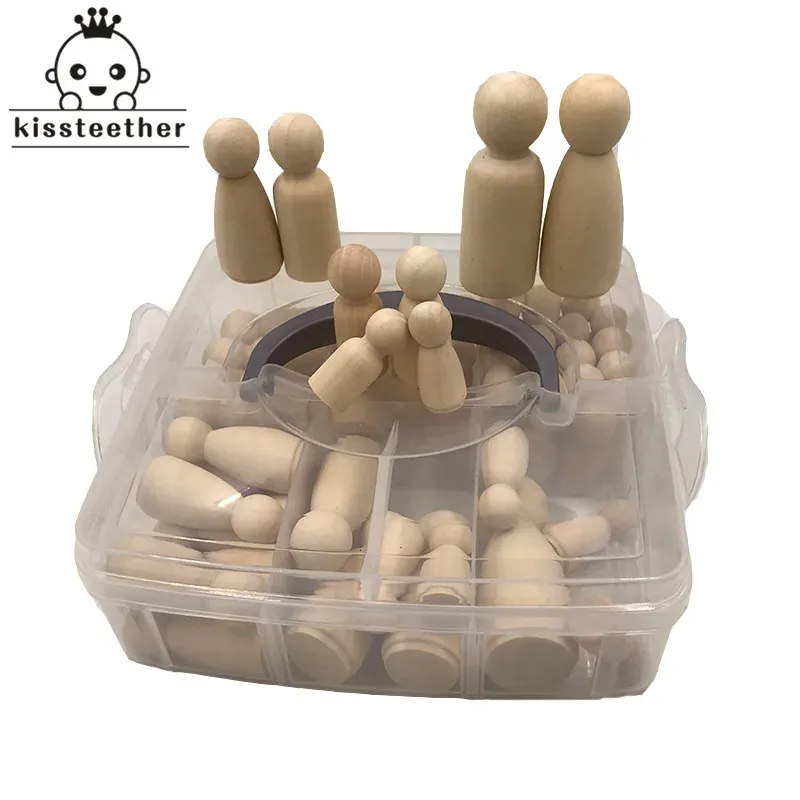 52pcs hölzerne Peg Puppen Ahorn unbemalte Kinder Geburtstagsgeschenke handgefertigt unvollendete Hochzeiten Kuchen -Dekor Zahnen Spielzeug Set 240407