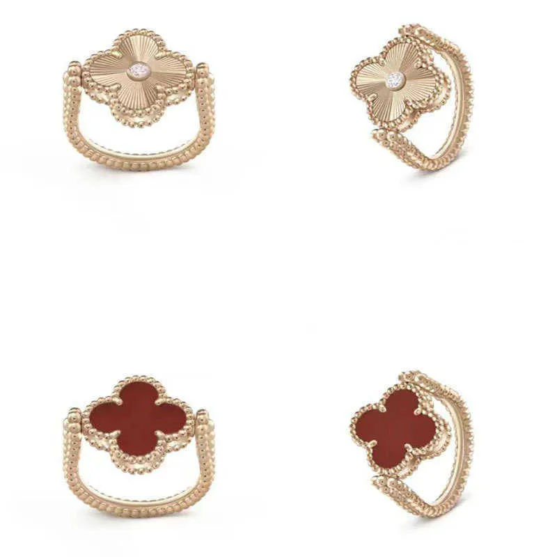 Ontwerper van nieuwe laser Red Chalcedony Flippable Ring V Gouden dubbele bloemzijdige klaver omgedraaid transport