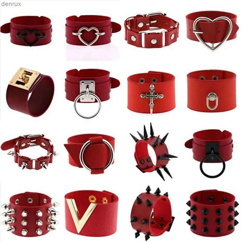 Andra armband röda spiknitar armband för kvinnor punk goth pu läder armband manschett armband med halloween festival smycken harajukul240415