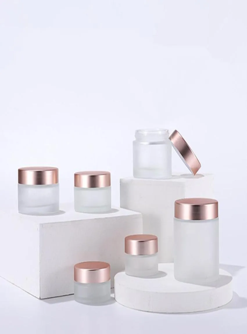 Frosted Glass Cream Jar Clear Cosmetic Bottle Makeup Lotion Lip Balm Container med Rose Gold Lid Inner Liner 5G 10G 15G 20G 30G 53815076