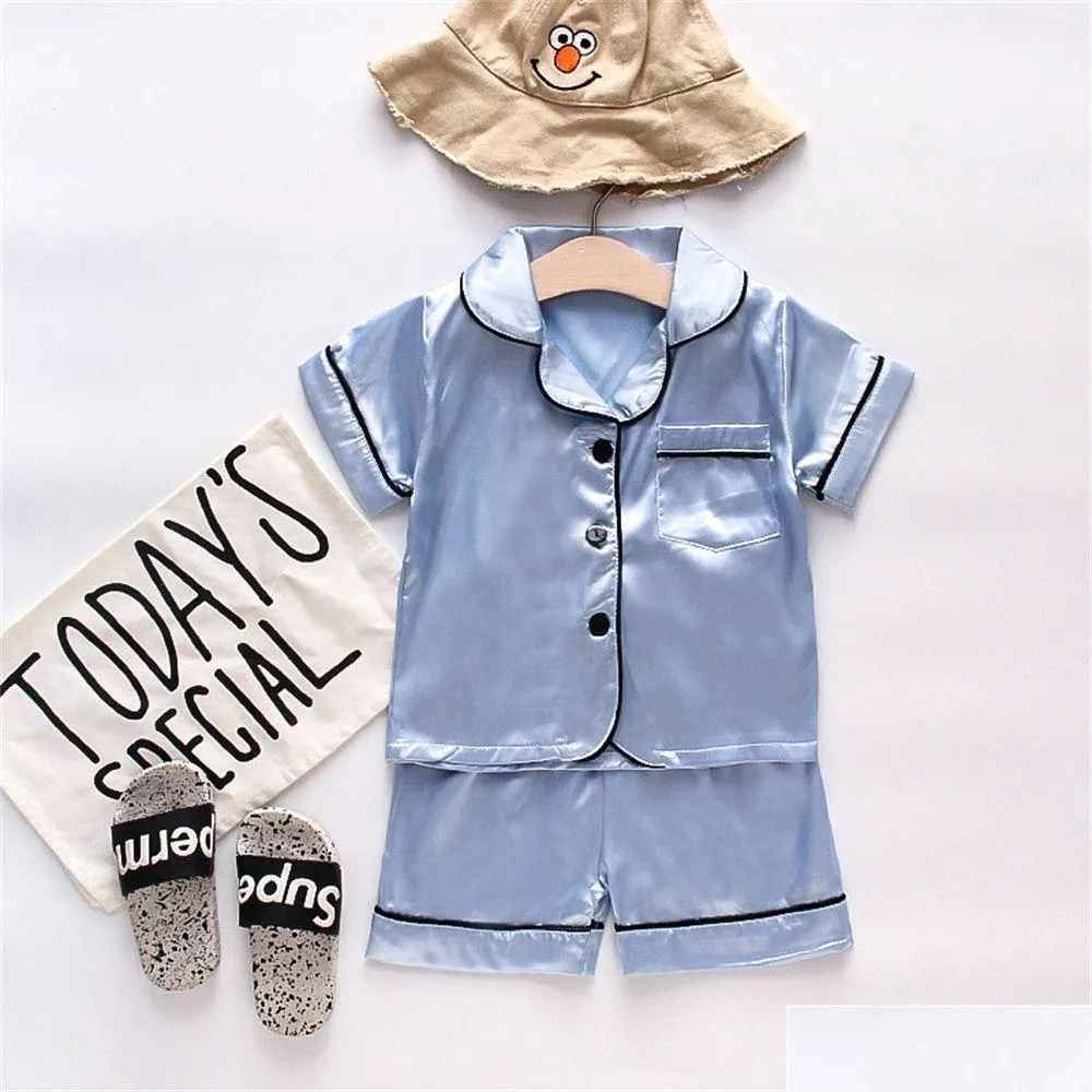 Pajamas Girls Satin Silk Set Kids Boy Cartoon Sleepwear Outfits Summer Toddler Short Sleeve Shorts Leisure Wear Home Clothes Drop Deli Dhev2